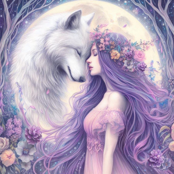 Digital illustration of a woman with wolf  floral elements in soft purple pastel palette.