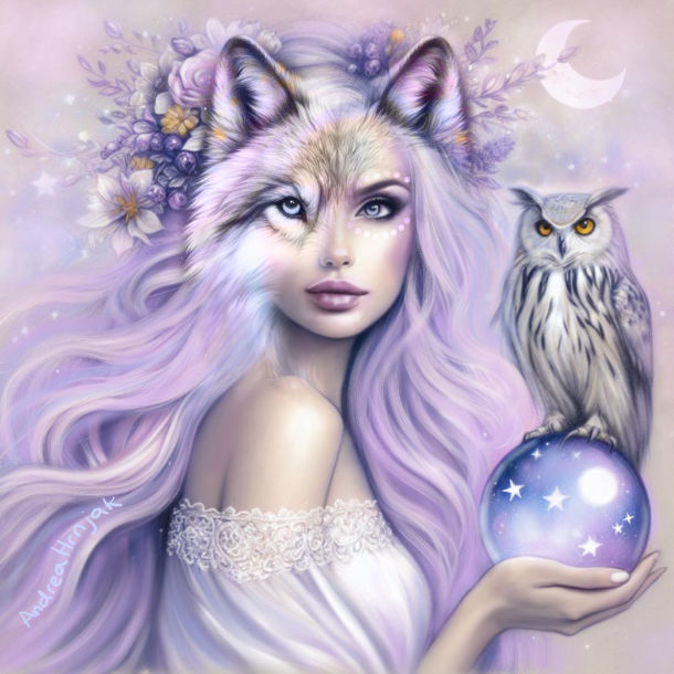 Digital illustration of a wolf woman with owl crystal ball floral elements in soft purple-toned palette.