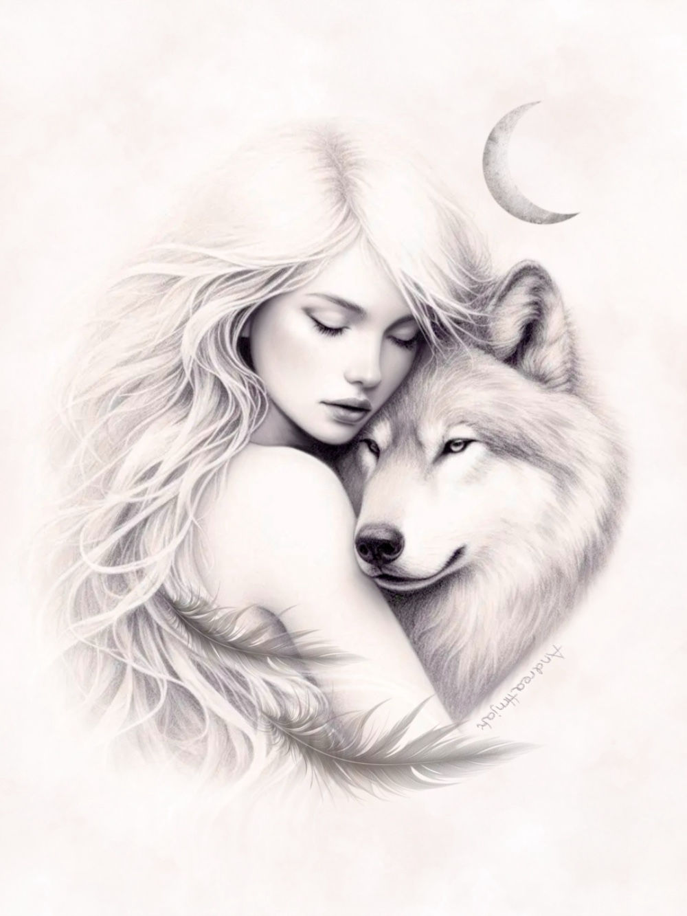 Pencil drawing of woman and wolf