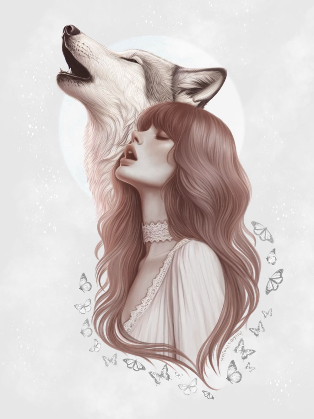 Pencil drawing of woman howling  with wolf and moon phases