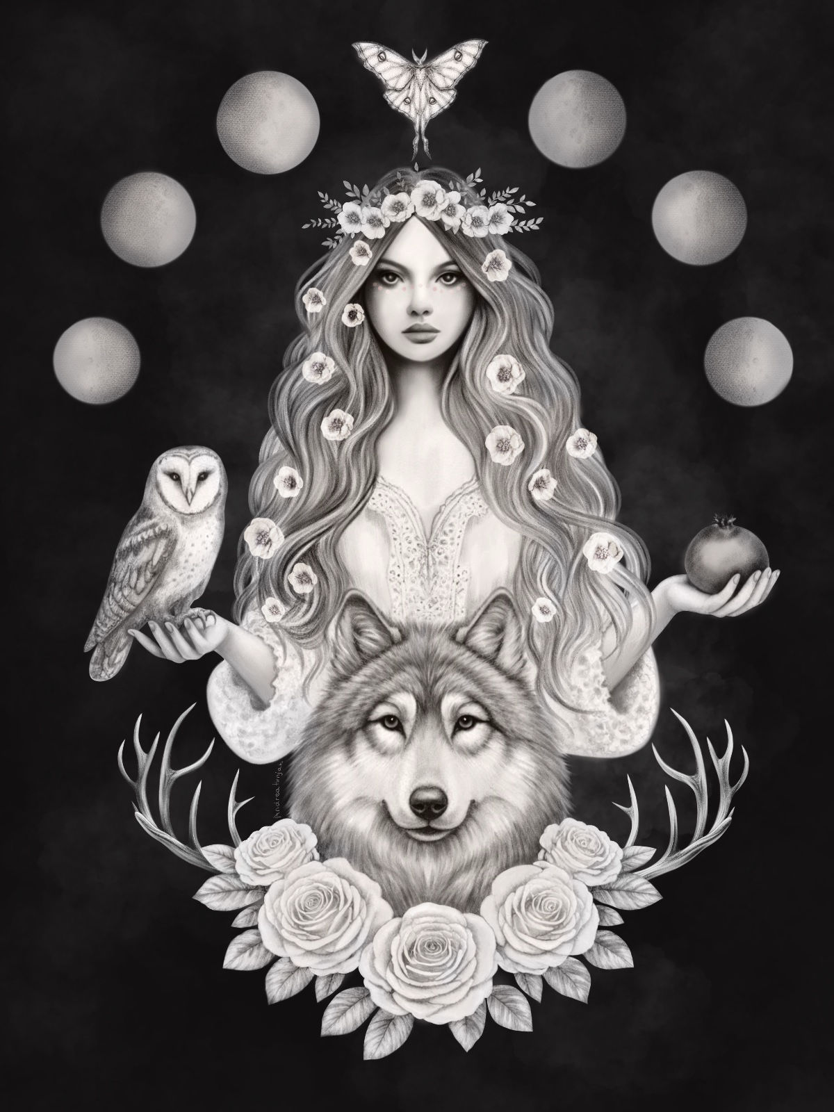 Pencil illustration of goddess of the  spring Ostara