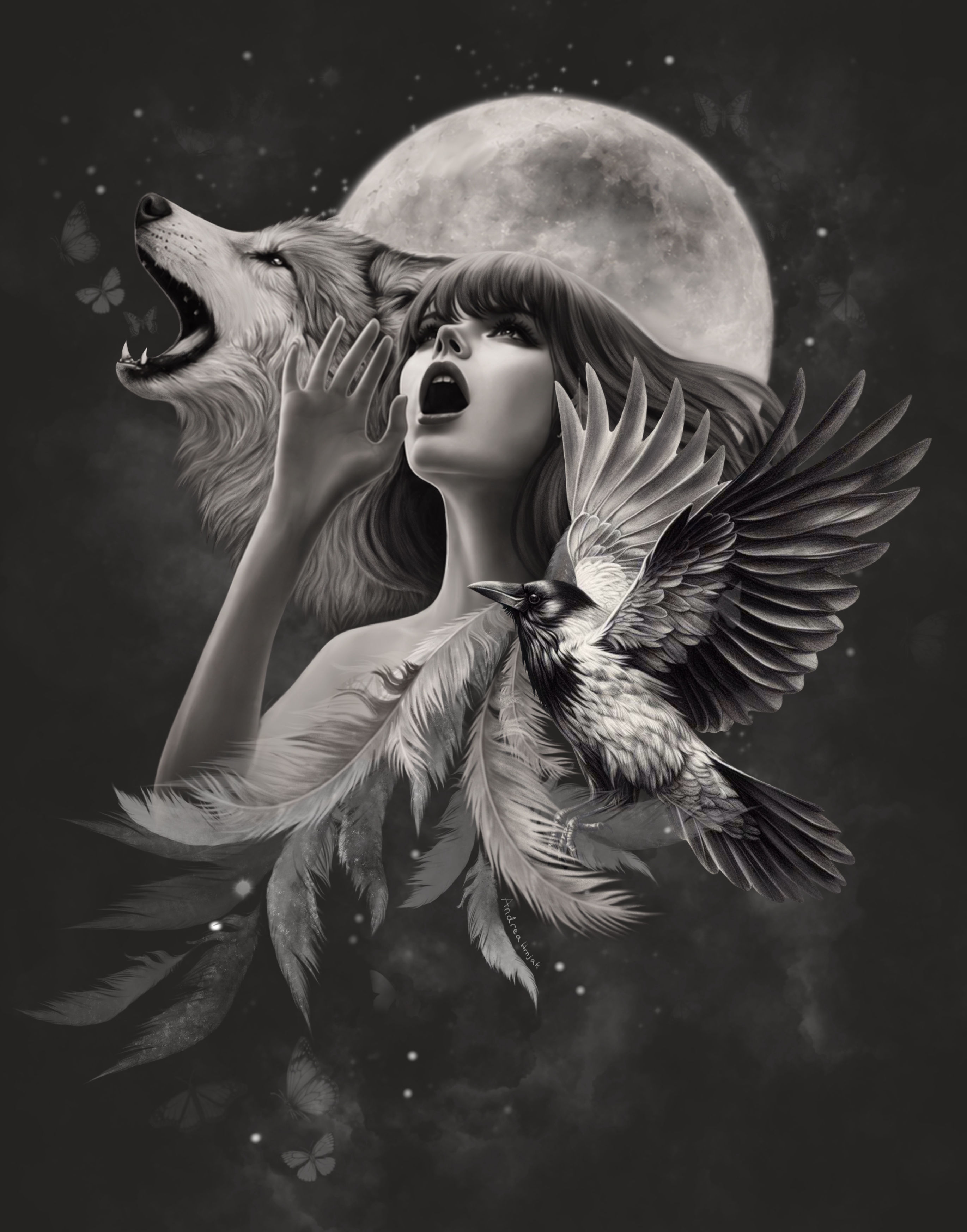 Illustration of woman howling with the wolf