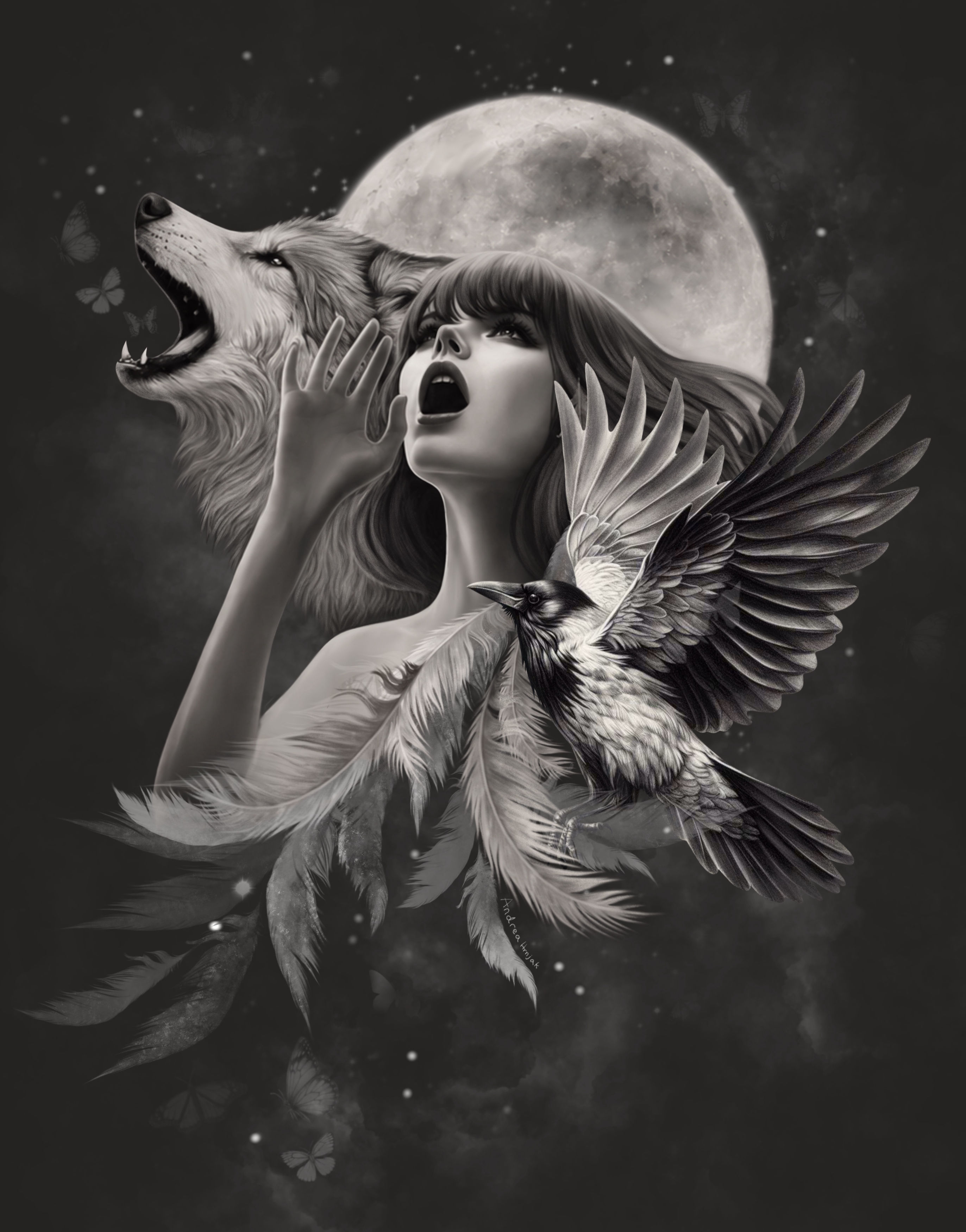 Illustration of woman howling with the wolf
