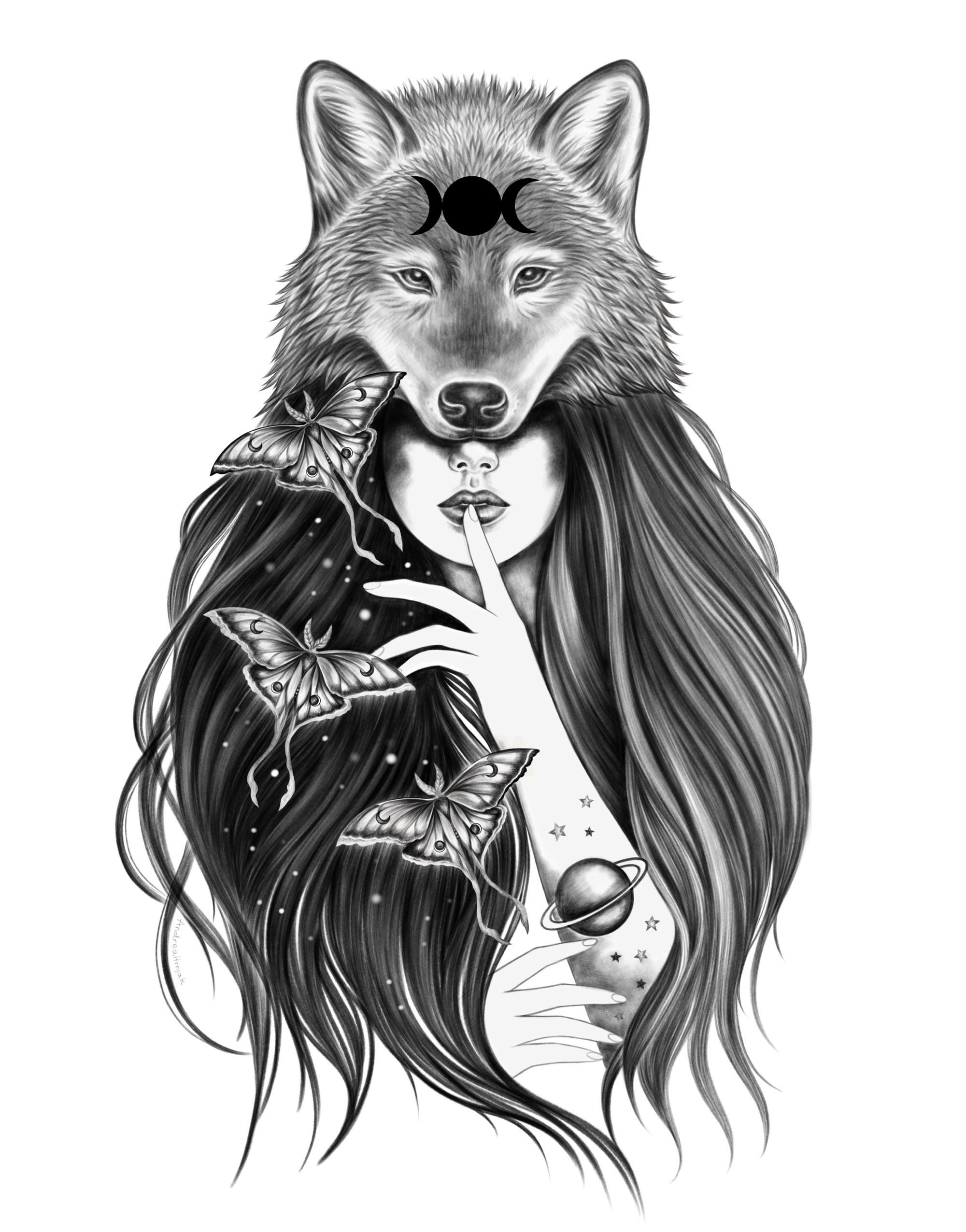 Monochrome illustration of  Wolf Woman