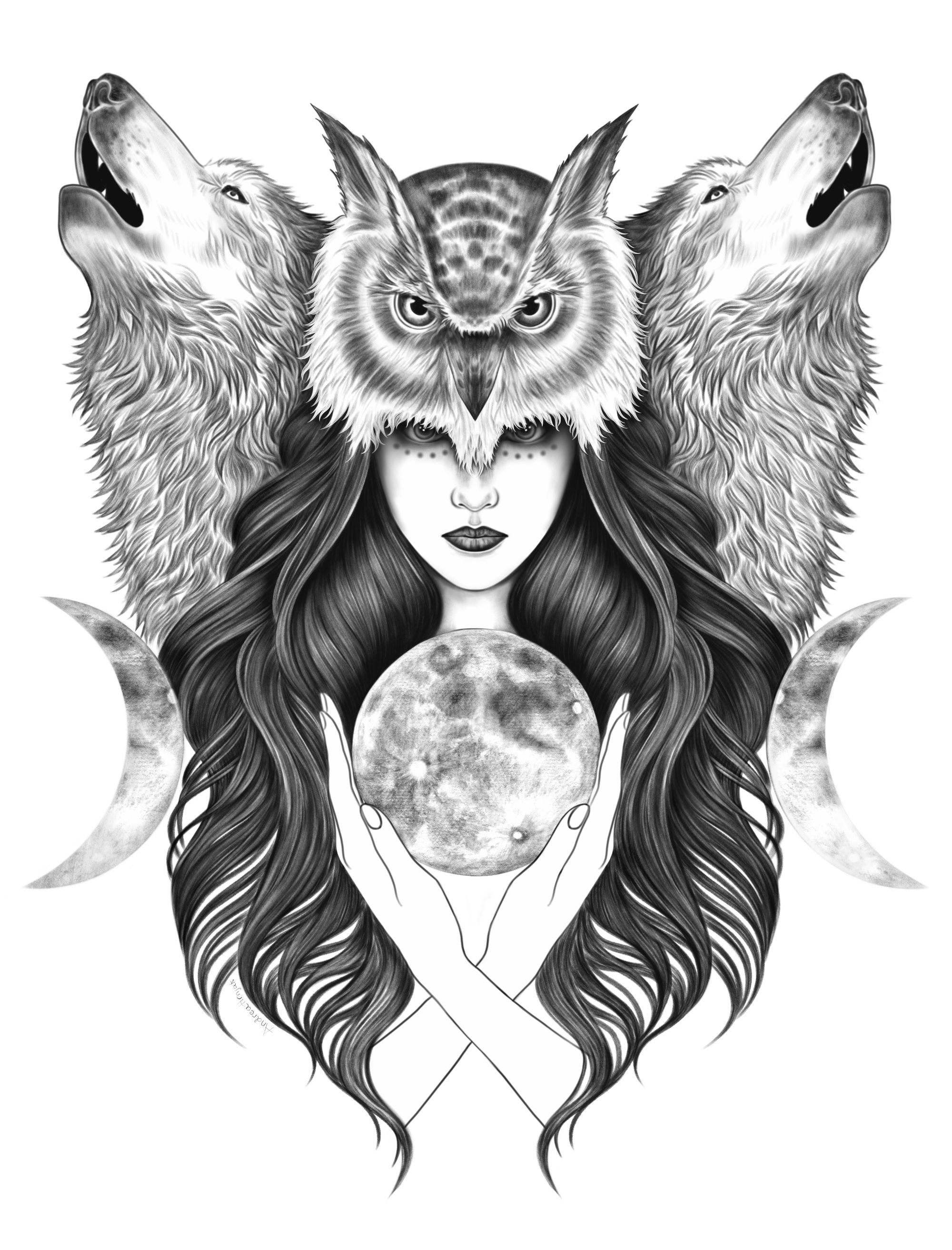 Monochrome illustration of Moon Witch