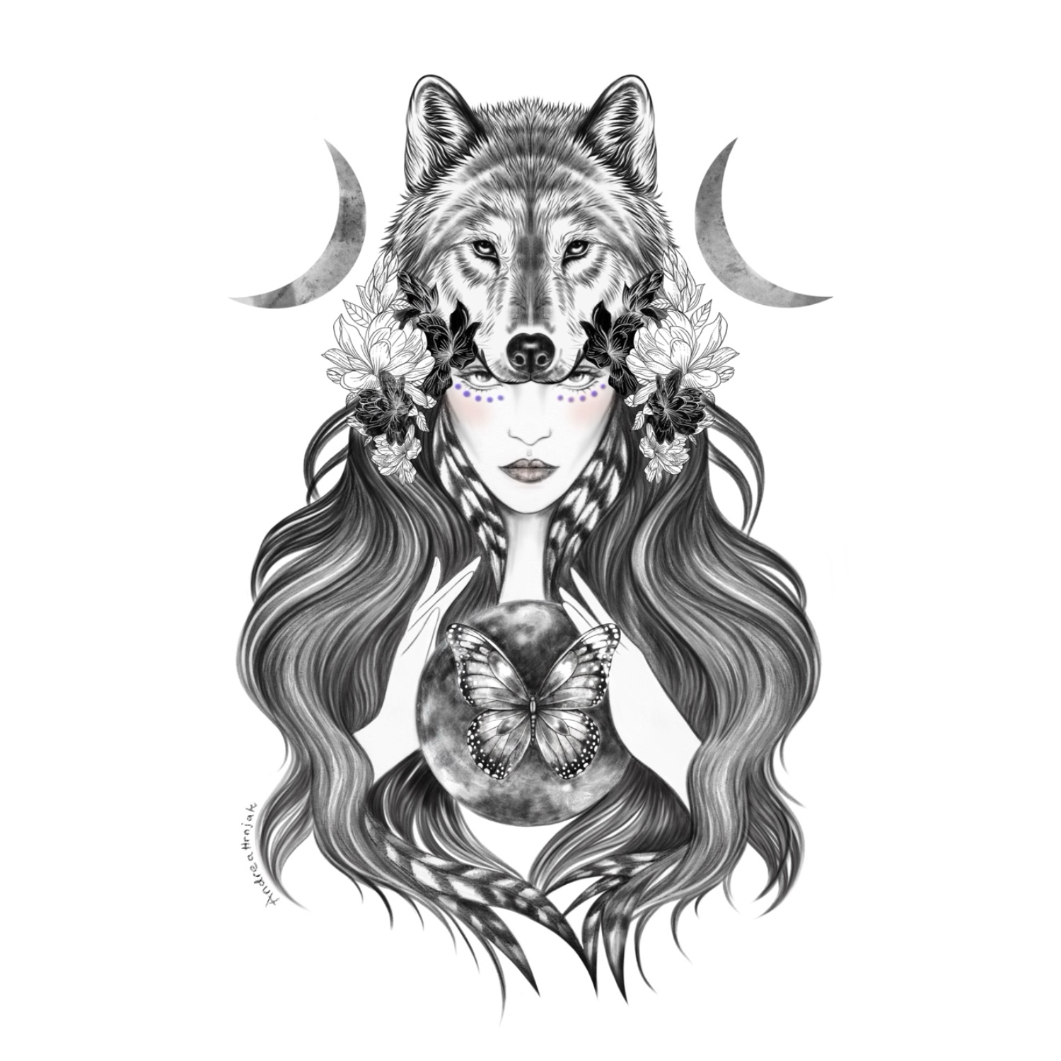 Black and white illustration of she wolf.