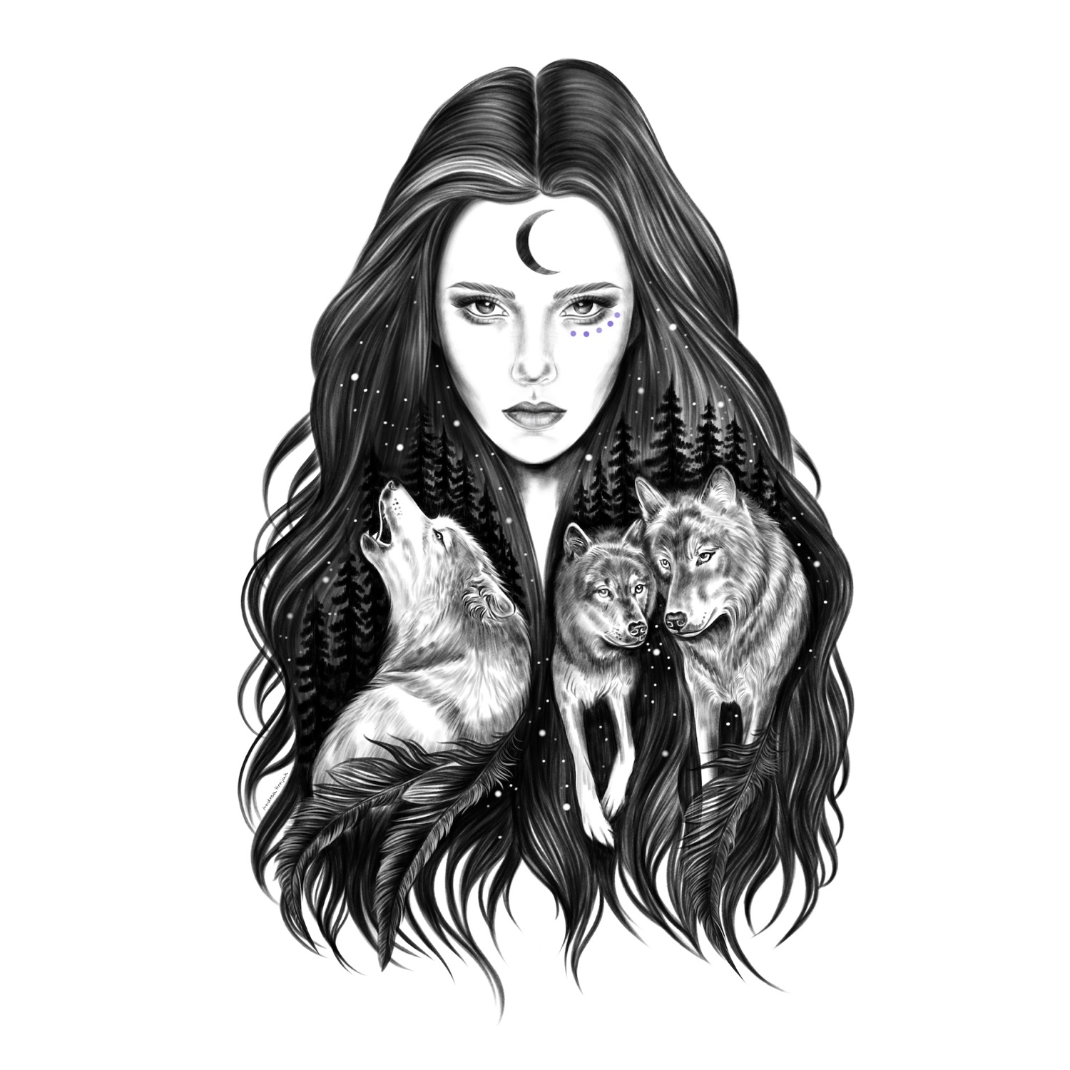 Black and white illustration of wolf woman.
