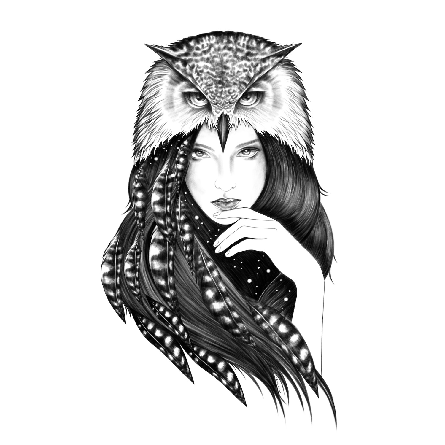 Black and white illustration of owl woman.