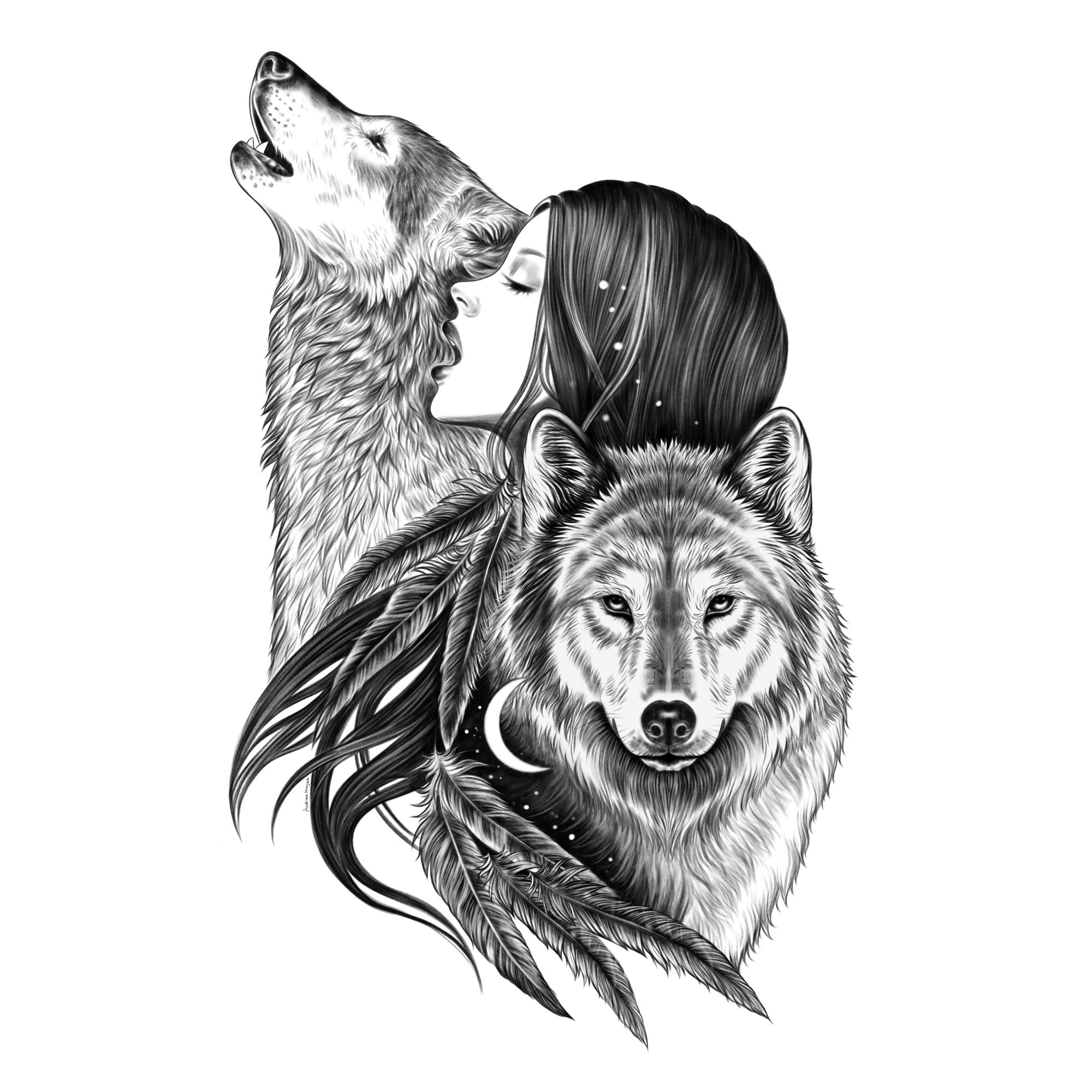 Black and white illustration of she wolf.