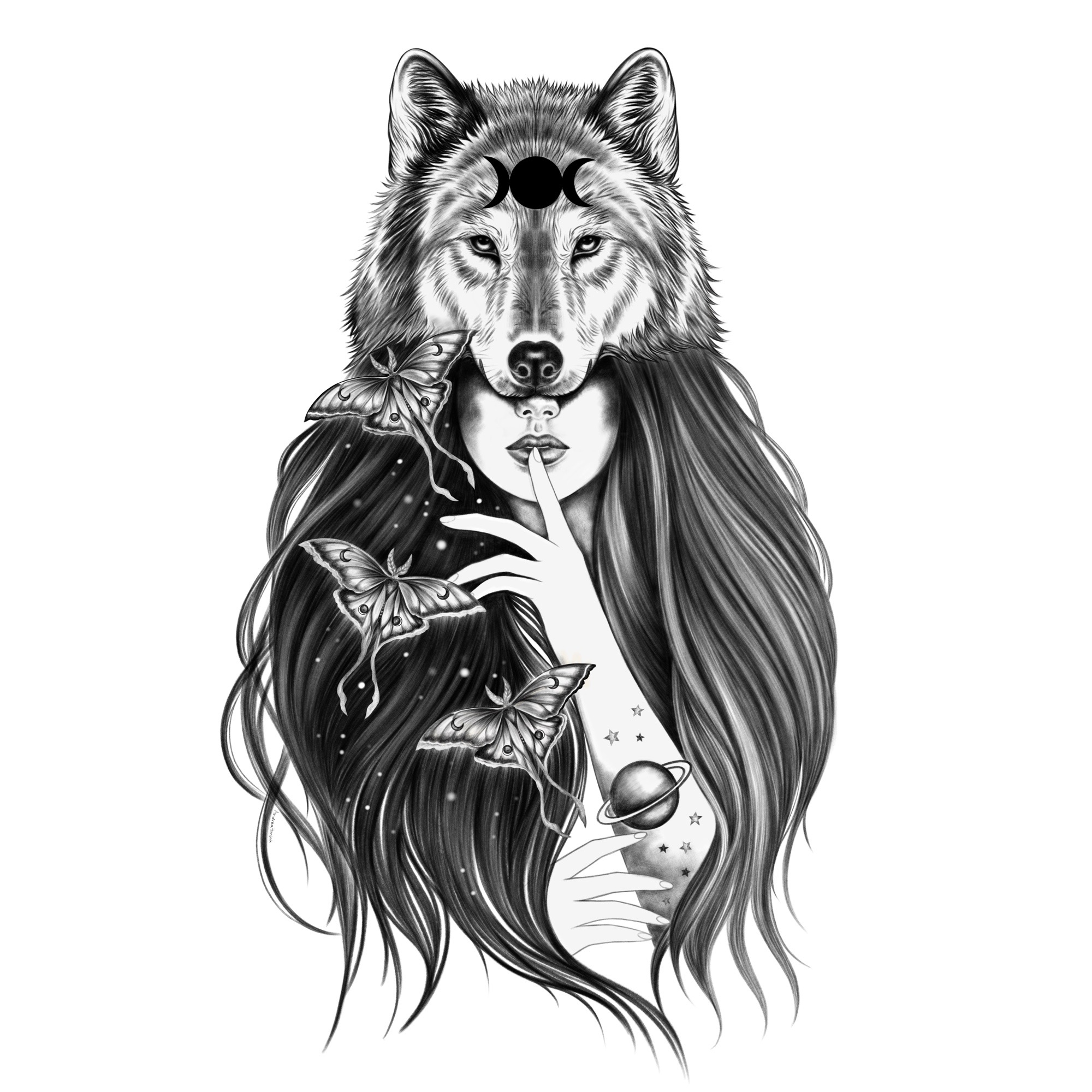 Black and white illustration of wolf woman and luna moths.