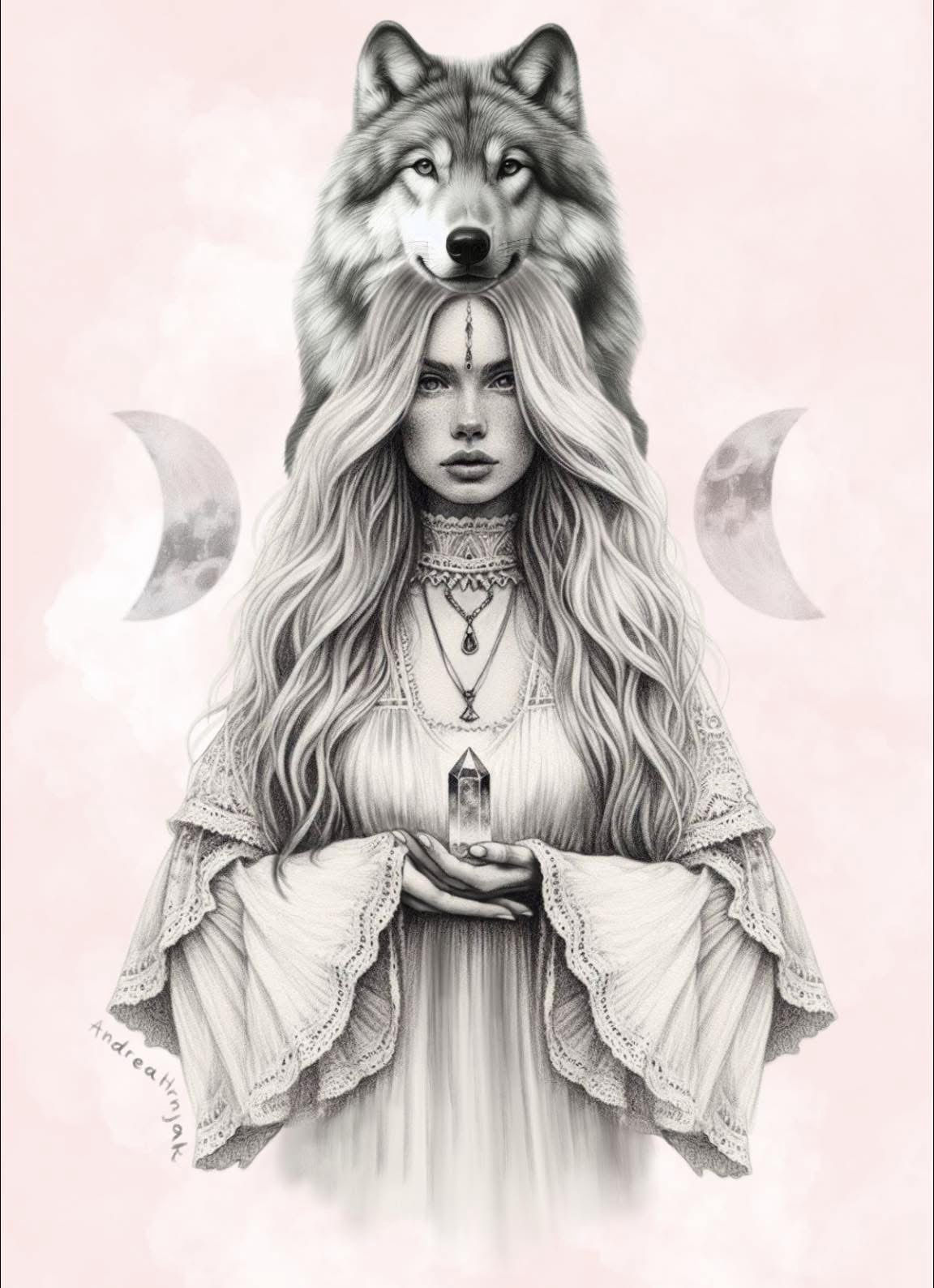 Pencil drawing of wolf woman holding crystal