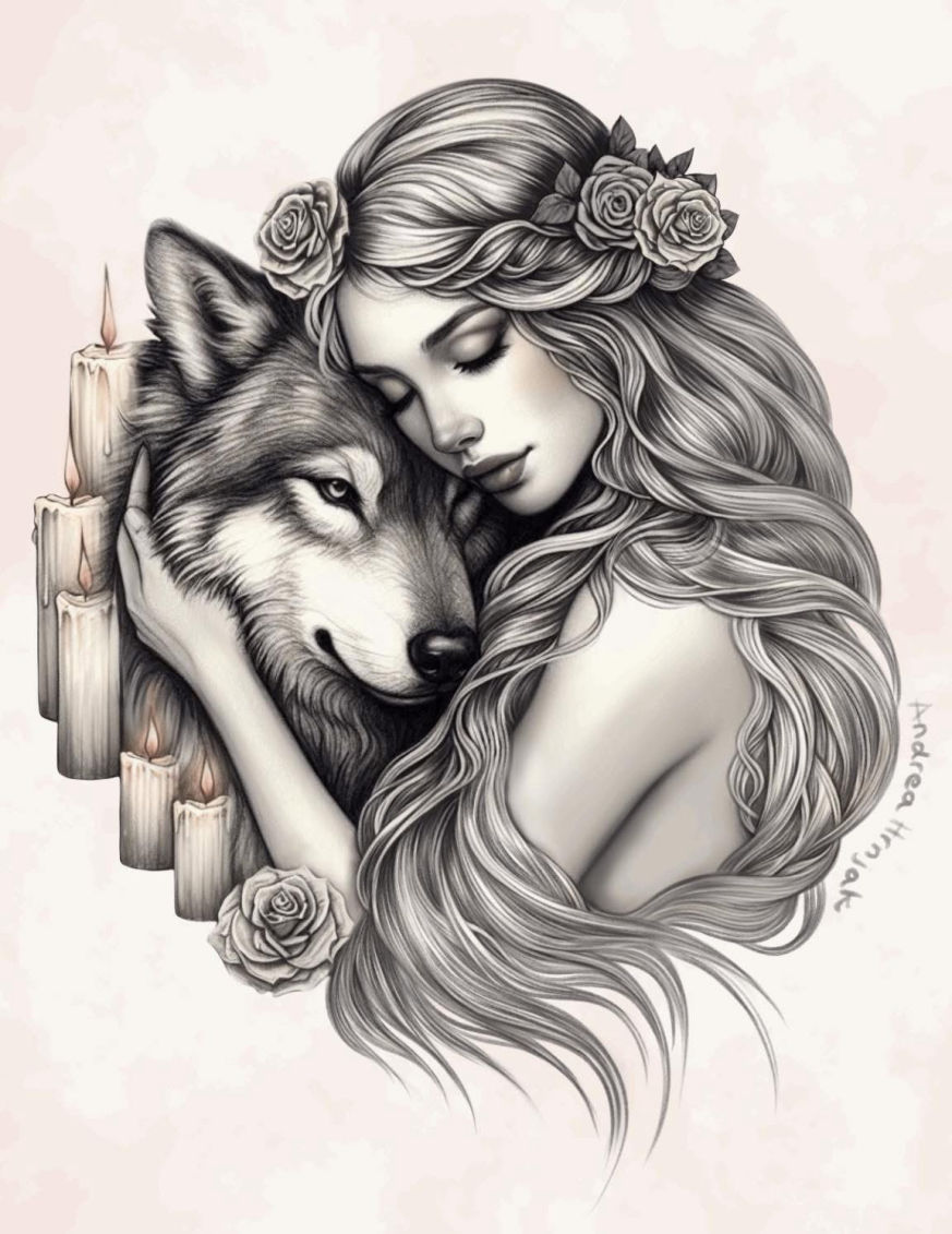 Pencil drawing of woman hugging wolf