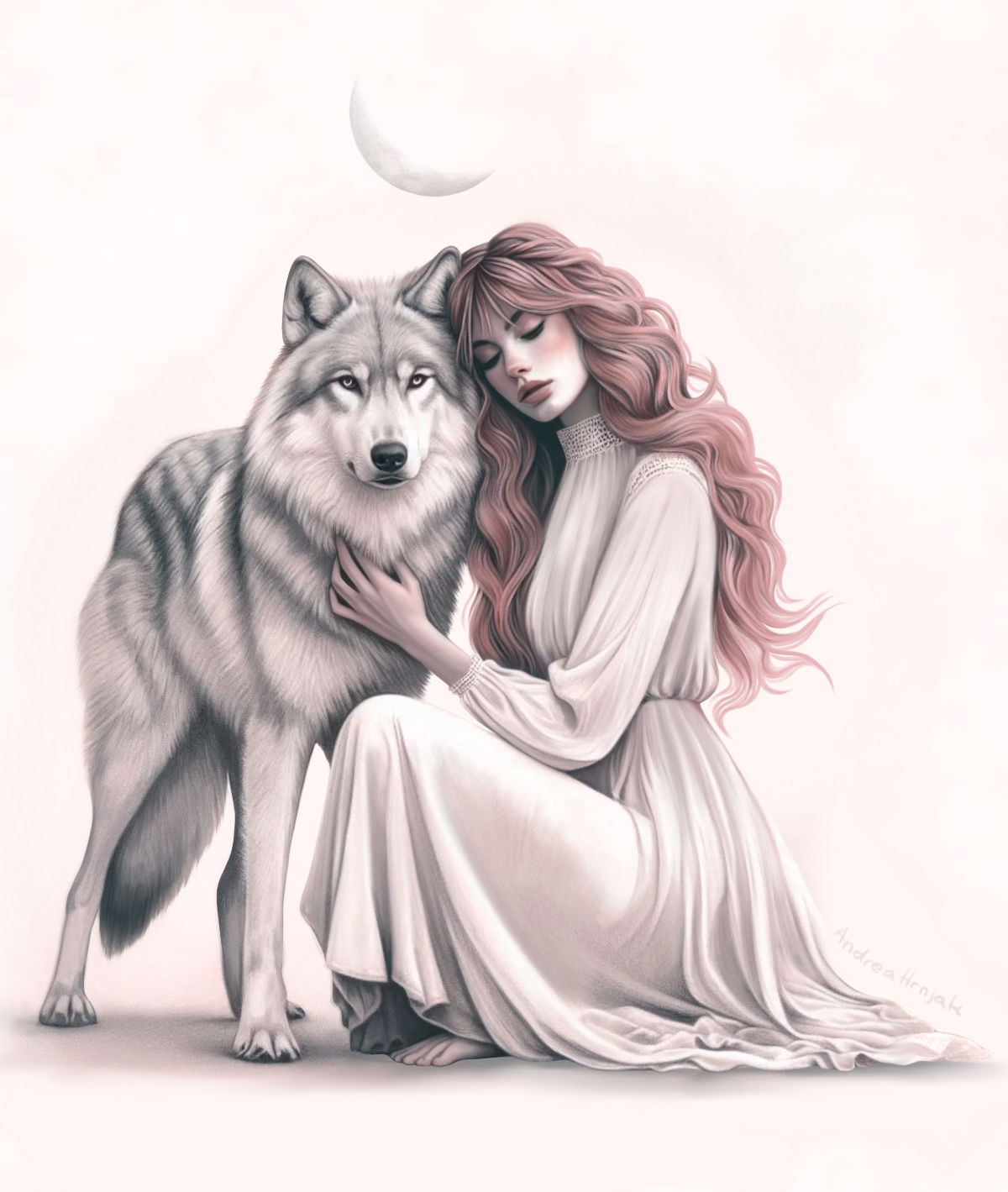 Pencil drawing of woman with red hair and wolf