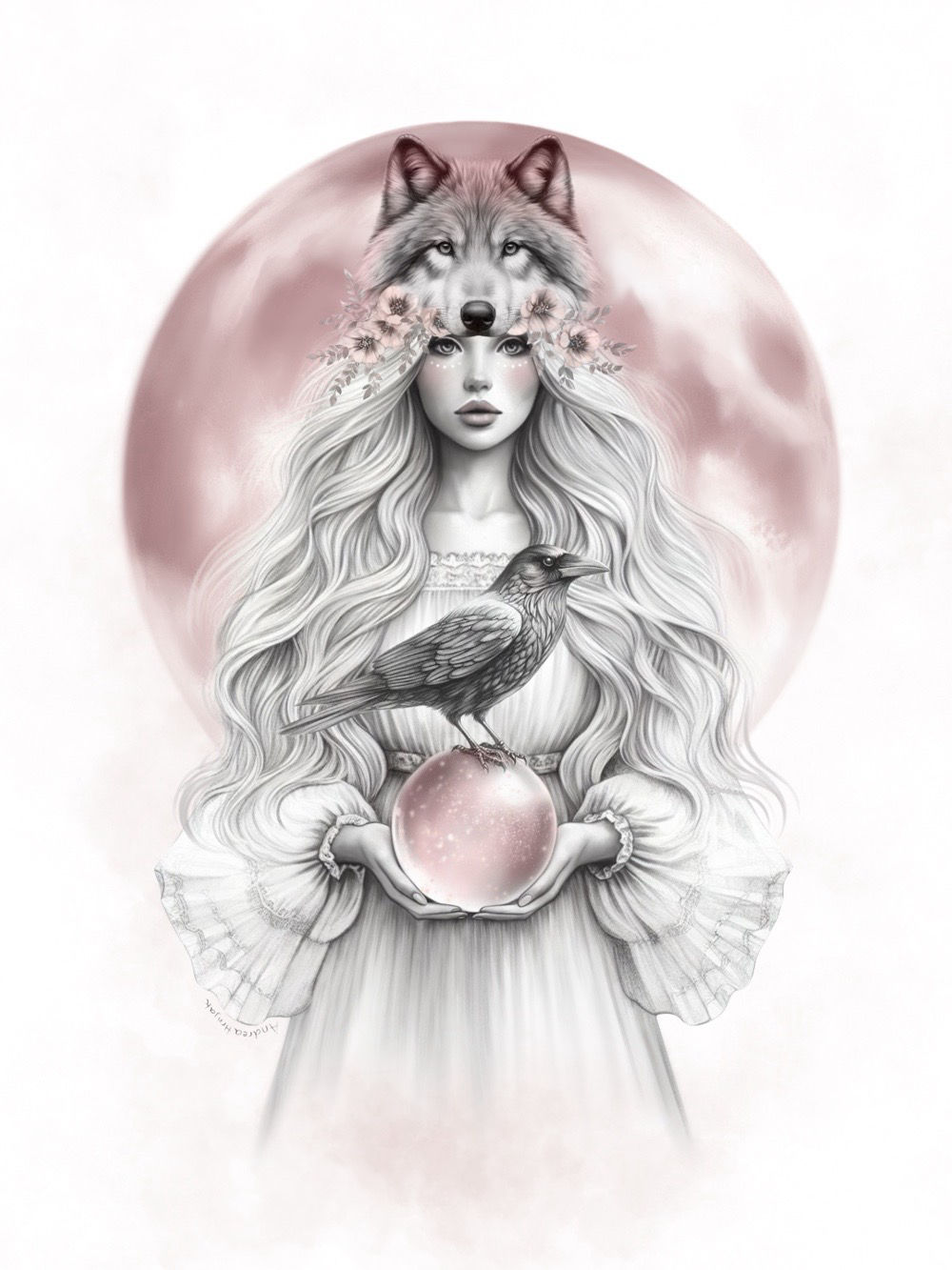 Pencil drawing of wolf woman holding crystal