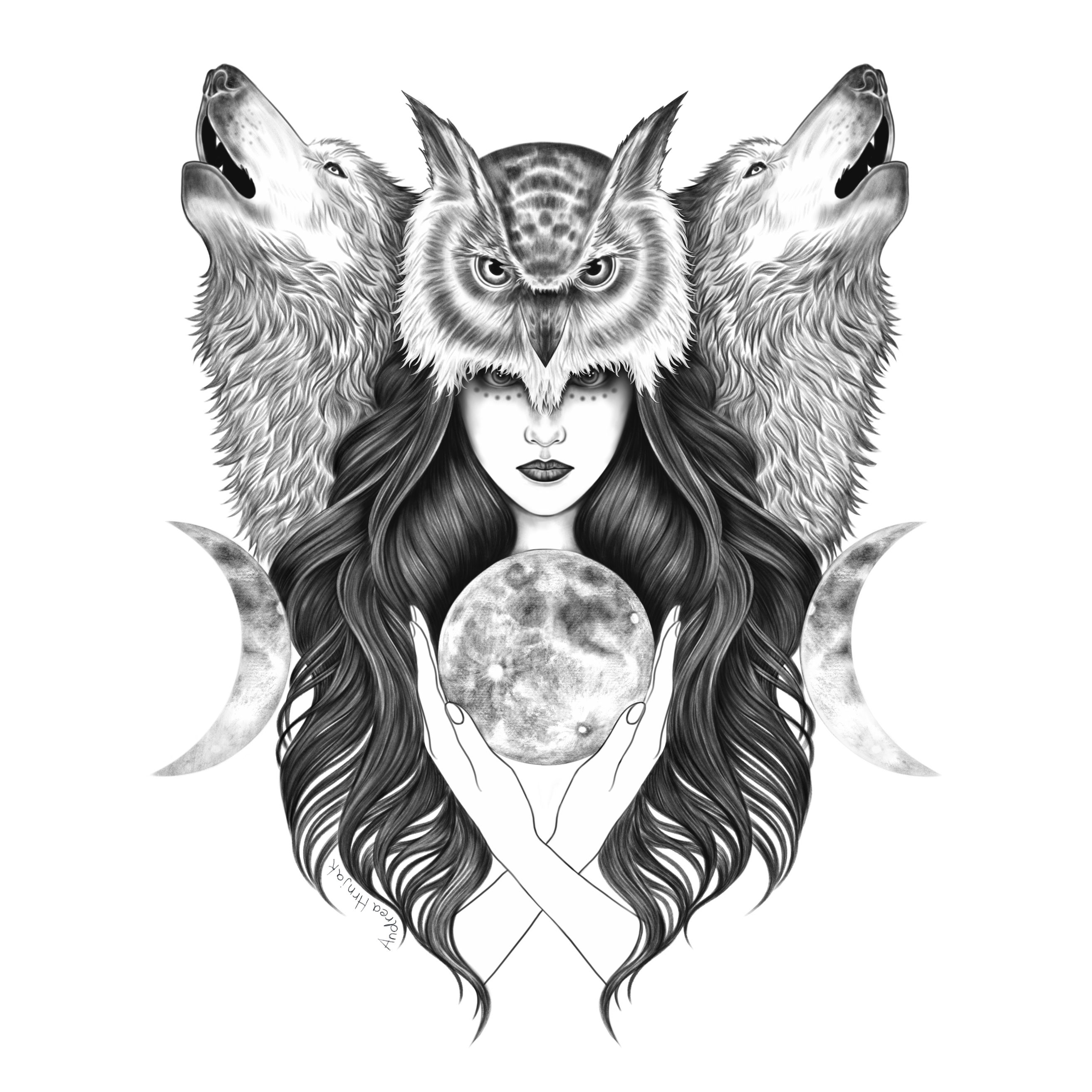 Black and white illustration of woman with owl mask, moon and howling wolves.